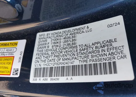 2024 Honda Accord Hybrid Ex-L из США, поврежденный, VIN 1HGCY2F60RA040147